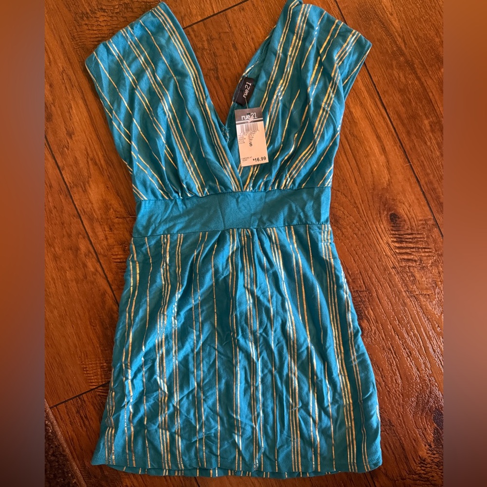 Rue21 Teal Striped top wig gold stripes and back tie.